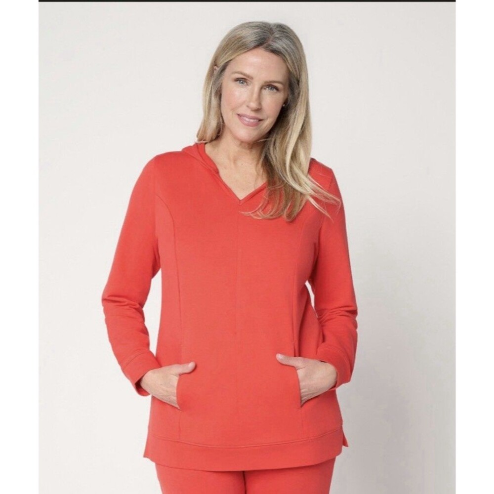 Denim & Co. Active French Terry V-Neck Hooded Pullover Size XS Poppy Red